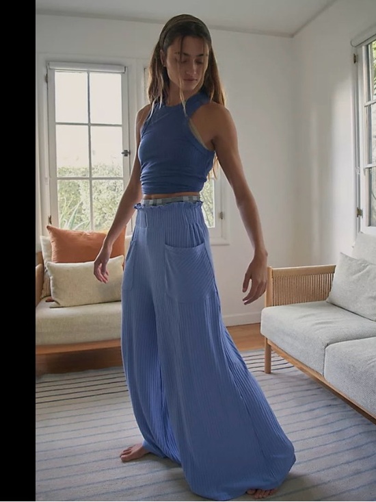 FP Movement by Free People Pants - FP Movement by Free People Ribbed Wide-Leg Pleated Pants in Periwinkle